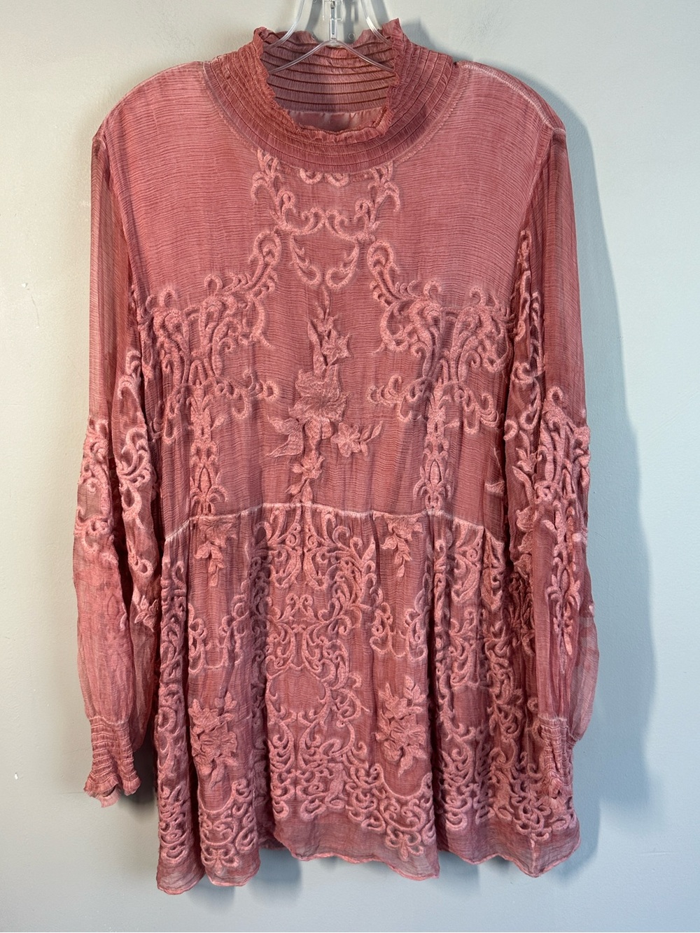 Soft Surroundings Mock Neck Silk Embroidered Blouse Size L Romantic Feminine